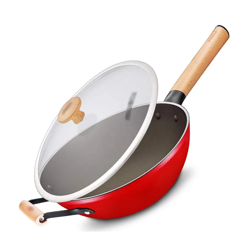 Wok Skillet Non-Stick Cooking Pot 32cm Red, Large Capacity, Safe Anti-Scalding Handle