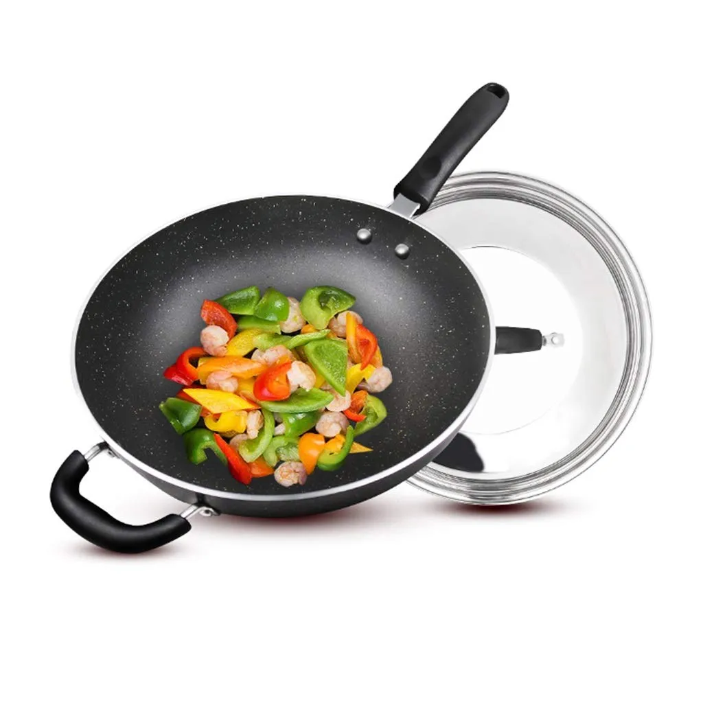 Wok Skillets Non-Stick Pan 32cm Black Maifan Stone Household Cooking Wok with Lid