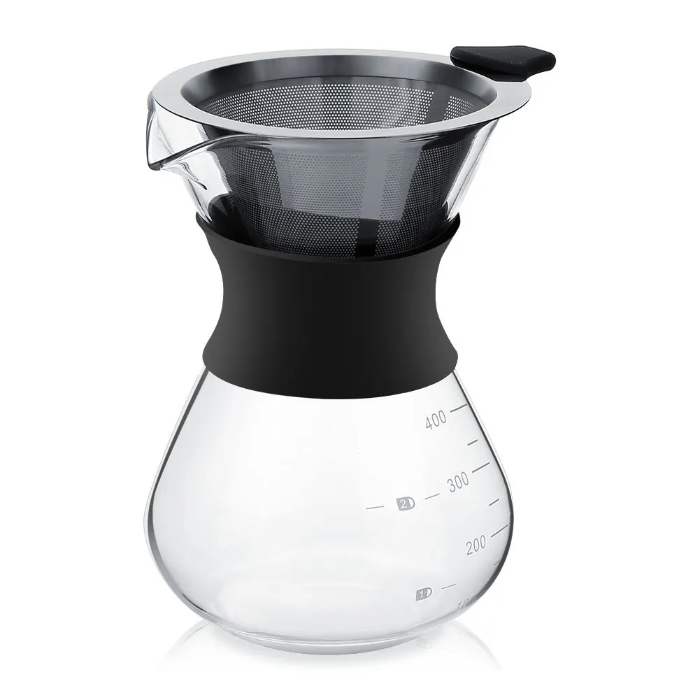 Zopsc 400ml Manual Hand Drip Coffee Maker Pot, Glass & Stainless Steel, Black & Transparent